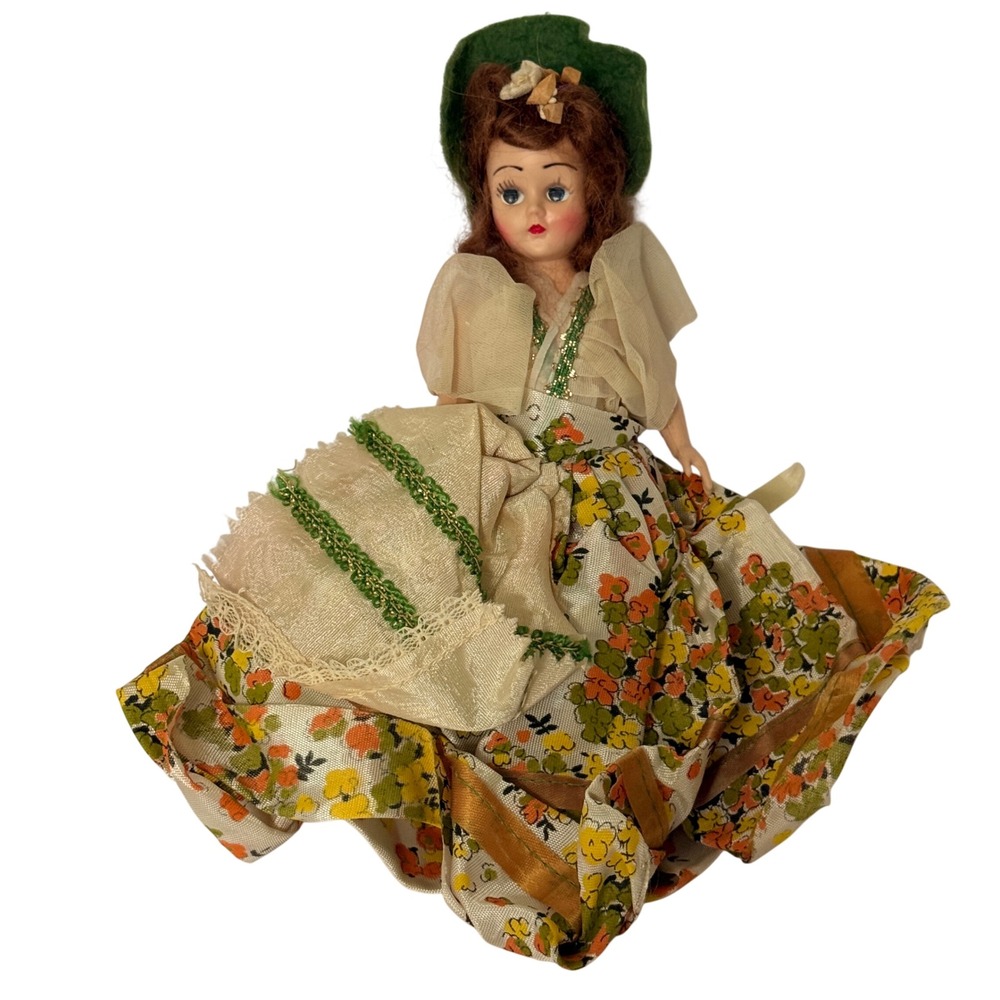 Vintage Hard Rock Plastic Souvenir Doll 8 In Floral Dress Sleep Eyes Green Hat *